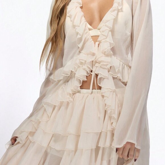 Beige Sexy Women's Boho Ruffle Longline Tie Front Top - Picture 3 of 5